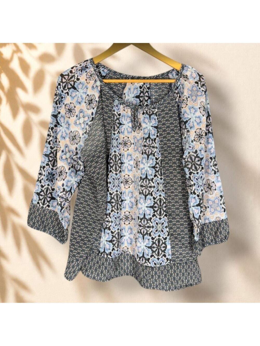 Just Class Blouse Women XL Black Geometric 3/4 Sleeve Round Neck Casual Pullover
